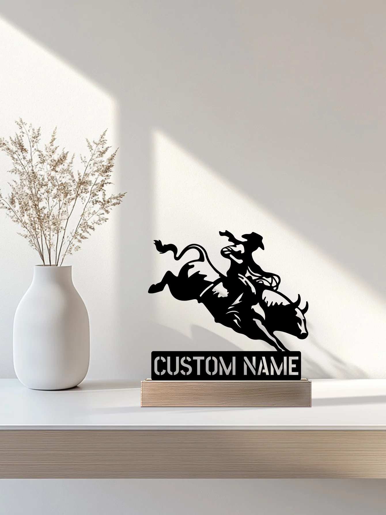 1pc Abstract ox boy Custom Name Metal Statue Iron Ornament Metal Sculpture With Wood Base Art Crafts With Wood Base