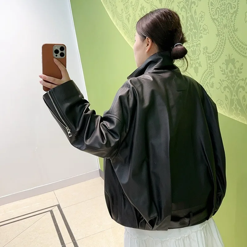 Cross-border Women's Clothing Early Autumn New Streetwear Fashion Belt-decorated PU Leather Classic Jacket Fashion Simple Coat
