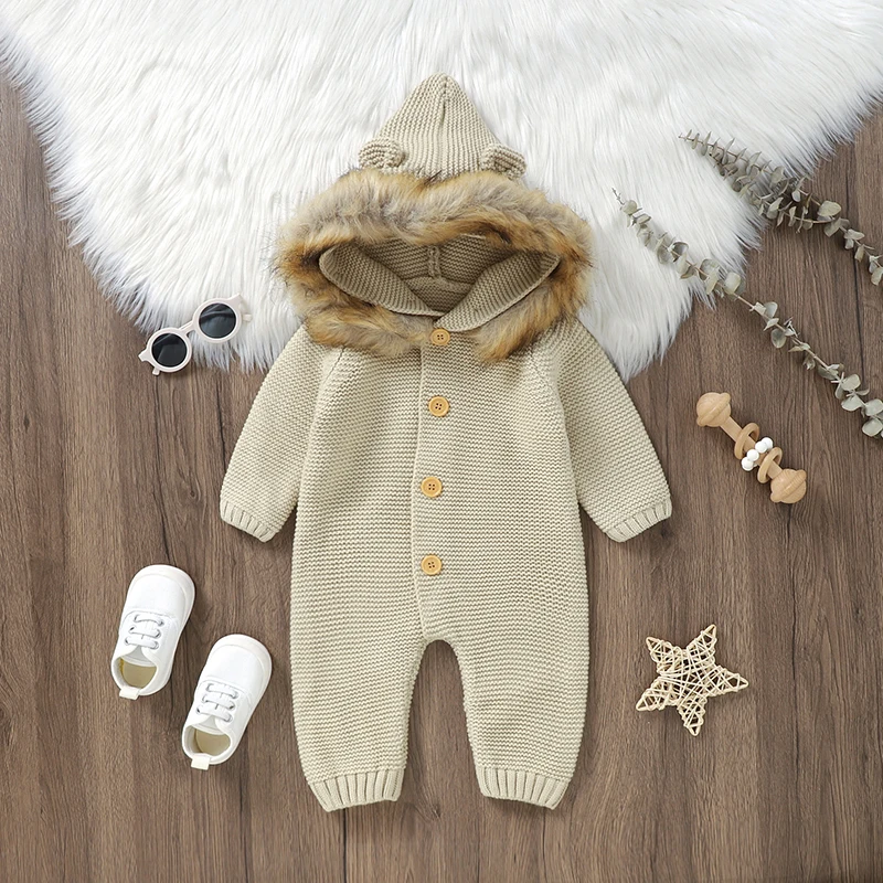 

Baby Rompers Long Sleeve Hooded Newborn Infant Boys Girls Jumpsuits Outfits 0-18m Solid Camel Knitted Toddler Playsuit One Piece