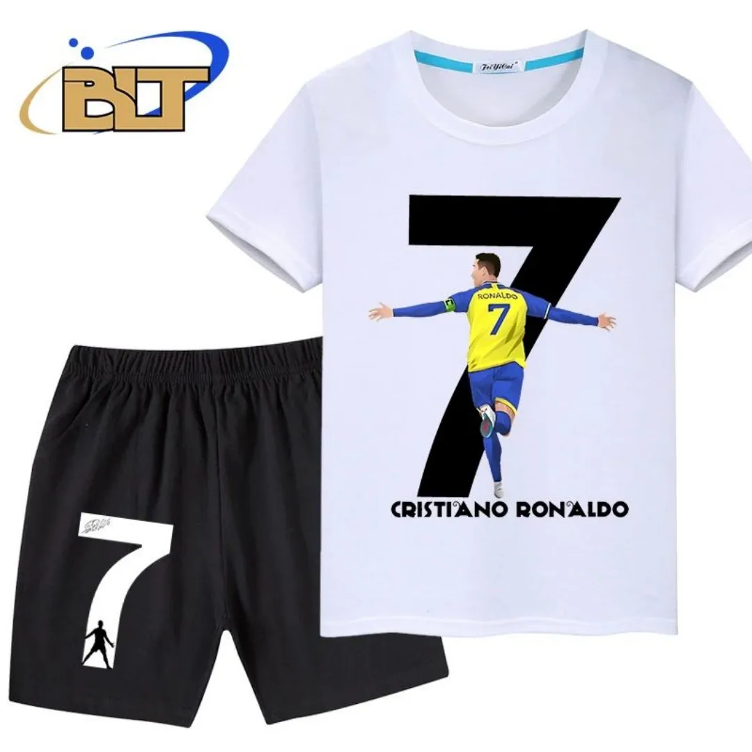 2025 Summer Ronaldo 3D Printed Summer Children's T-shirt Two piece Sports Shorts Set Suitable for Men and Women Comfortable, Sof image 2