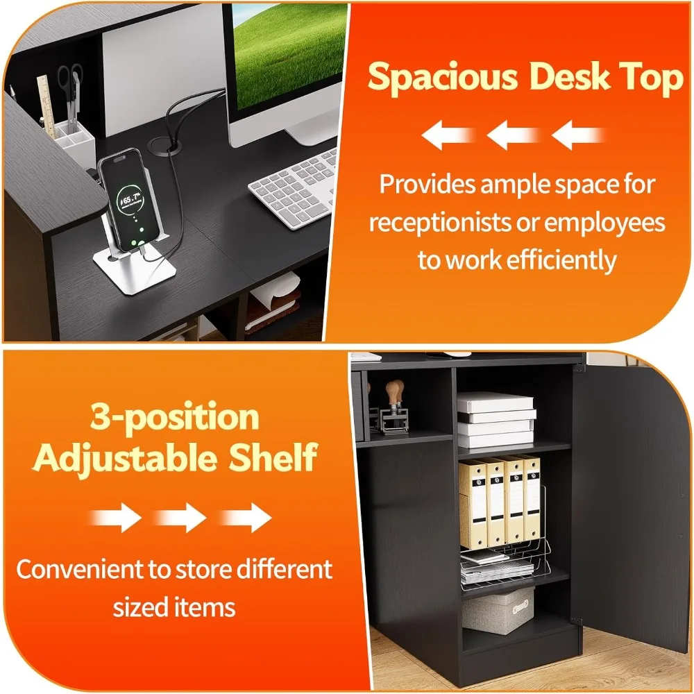 PAKASEPT Modern Reception Desk with LED Lights, 63 Inches Front Counter Table with Lockable Drawer & Shelves, Checkout Counter f