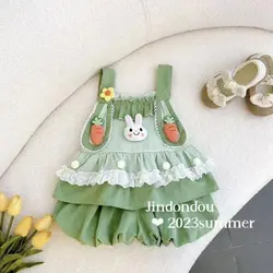 Girls' Clothing Suit Summer Baby Children's Green Cute Cartoon Lace Suntop Vest Shorts Two-Piece Sets Toddle Kids Sweet Clothing