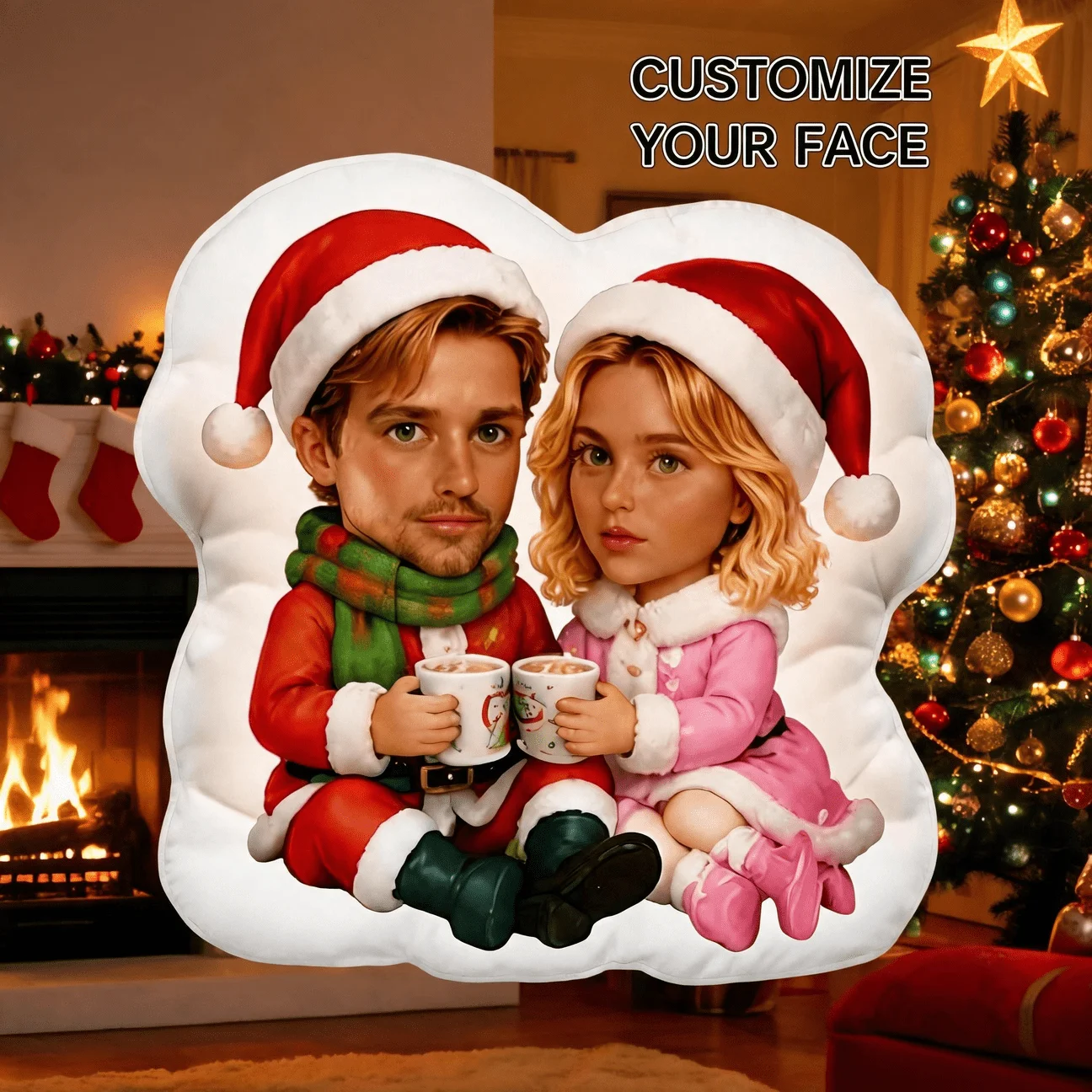 Custom Couple Photo Shaped Pillow, Personalized Christmas Santa Outfit Decorative Cushion, Unique Home Decor Accent for Sofa & B