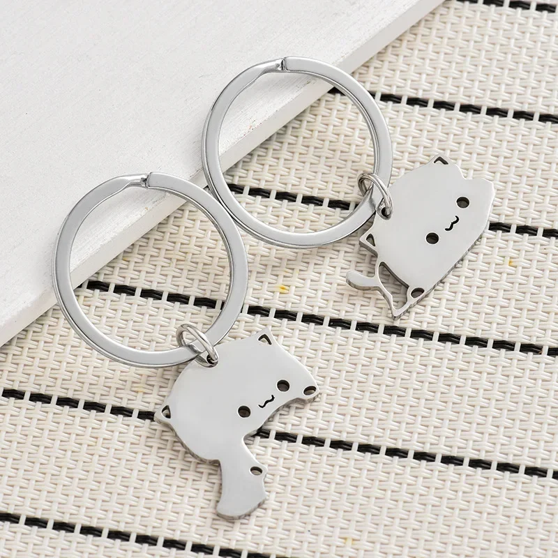 2 Pcs Cute Cartoon Cat Keychain Couple Lovers Stainless Steel Matching Keyring Lovely Pendant Key Chain Valentine's Day Gift