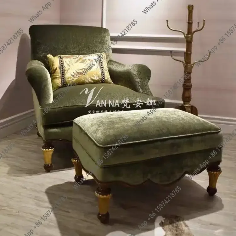 X25 American Fabric Solid Wood Single Sofa Chair English Vintage Lounge Chair Neoclassical High Back Tiger Chair Bedroom Sofa