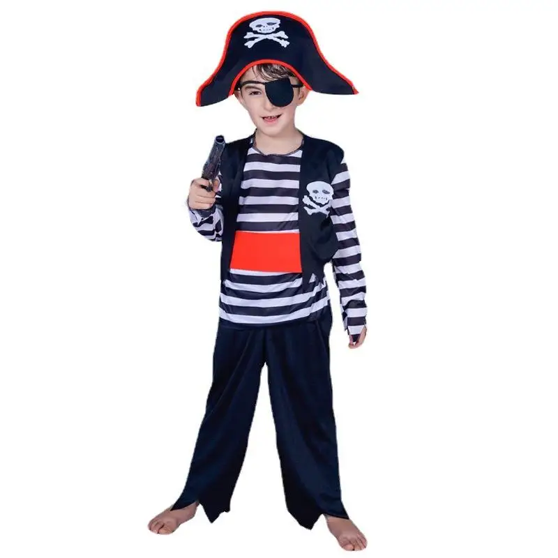 Children Stage Costume Carnival Cosplay Pirate Captain Costume Boy Suits Halloween Holiday Party Funny Stripe Printing Clothes