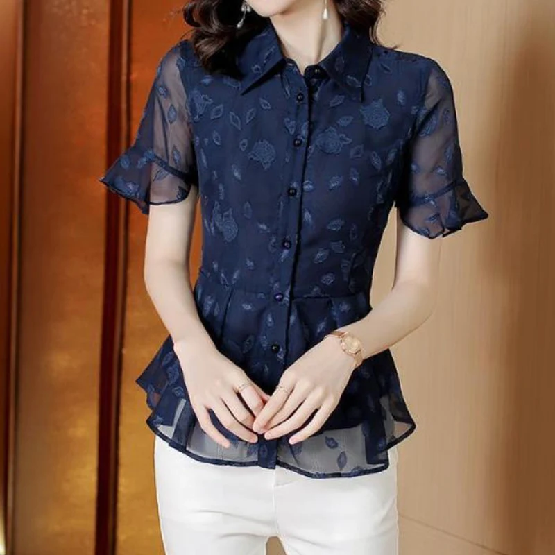 Elegante Mode solide Rüschen Knopf Chiffon Shirt Sommer Polo-Ausschnitt kurze Schmetterling Ärmel schlanke Tunika Tops Damen bekleidung