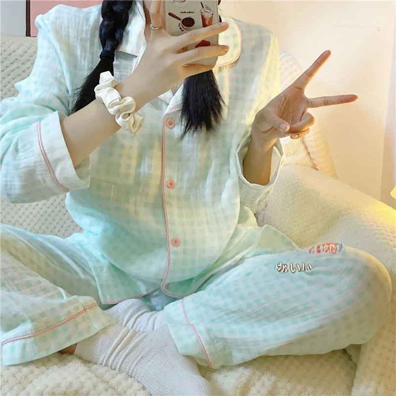 여성용 긴 소매 스포츠웨어 세트 봄 가을 편안한 피부 친화적인 격자 무늬 홈웨어 아우터웨어 귀엽고 달콤한 스타일