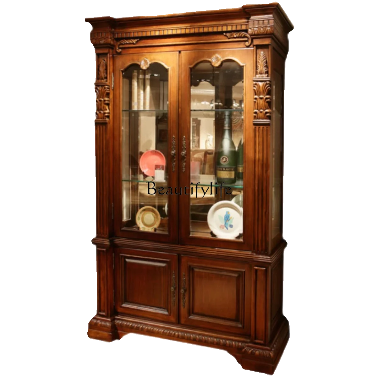 

American solid wood double-door wine cabinet household living room wall glass display cabinet decorative cabinet