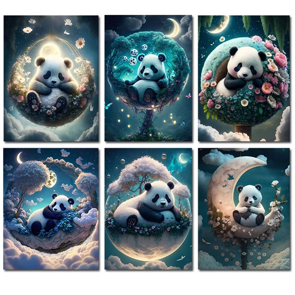 Fantasy Panda Diamond Painting 2023 New Animals Diamond Mosaic Embroidery Moonlight Tree Of Life Cradle Boat Home Decor S577