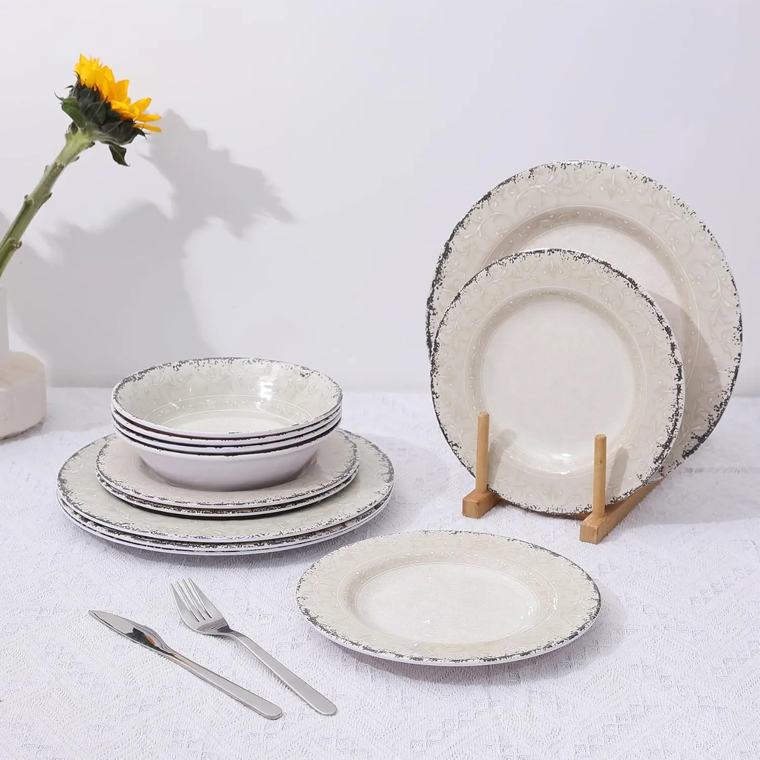 12-Piece Premium Melamine Dinnerware Set (Serves 4) - Melamine Dishes for Indoor and Outdoor Dining, BPA Free, Reusable, Portabl