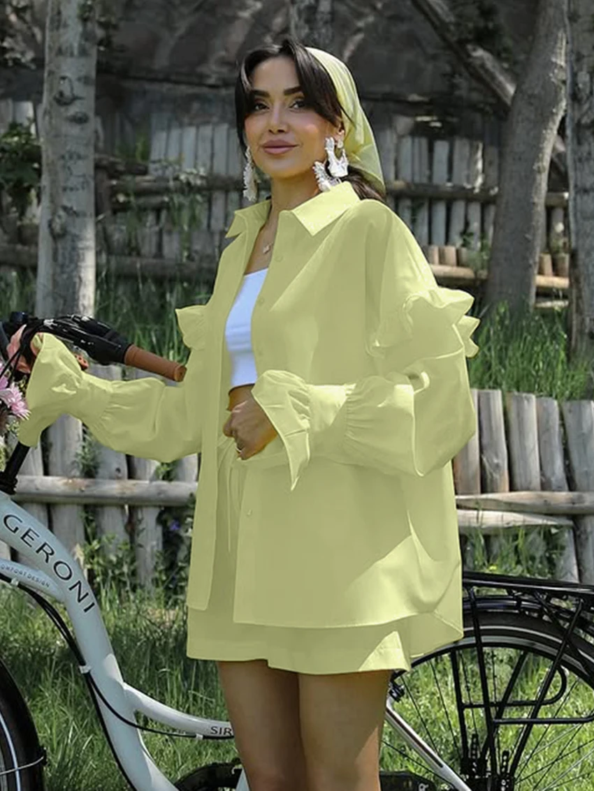 Marthaqiqi Loose Cotton Female Pajamas Suit Long Sleeve Nightgowns Turn-Down Collar Nightwear Shorts Casual Women Sleepwear Sets