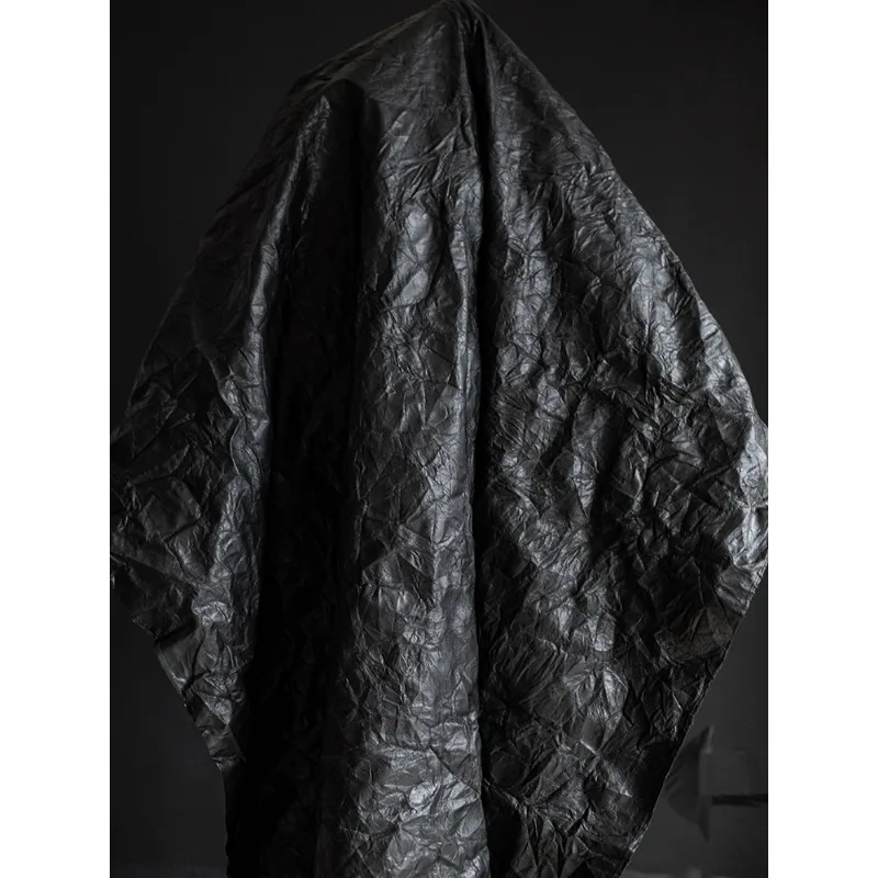 Black PU Leather with Twisted and Kneaded Patterns, Wide and Straight, and Wrinkled Distressed Gradient Creative Designer Fabric