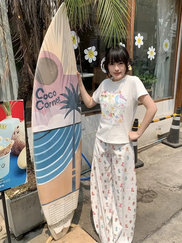 Pantalon d'été tendance pour femmes, imprimé Animal rétro, jambes larges, avec détails de nœud, ample, suspendu, pantalon de plage décontracté