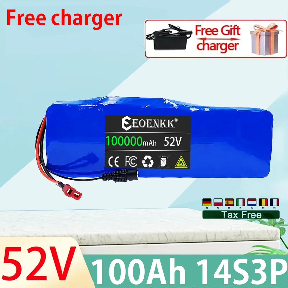 52V 14S3P 100Ah 100000mAh 18650 1000W Lithium Battery Pack Suitable for Balance Cars, Electric Scooters, Tricycles with Charger