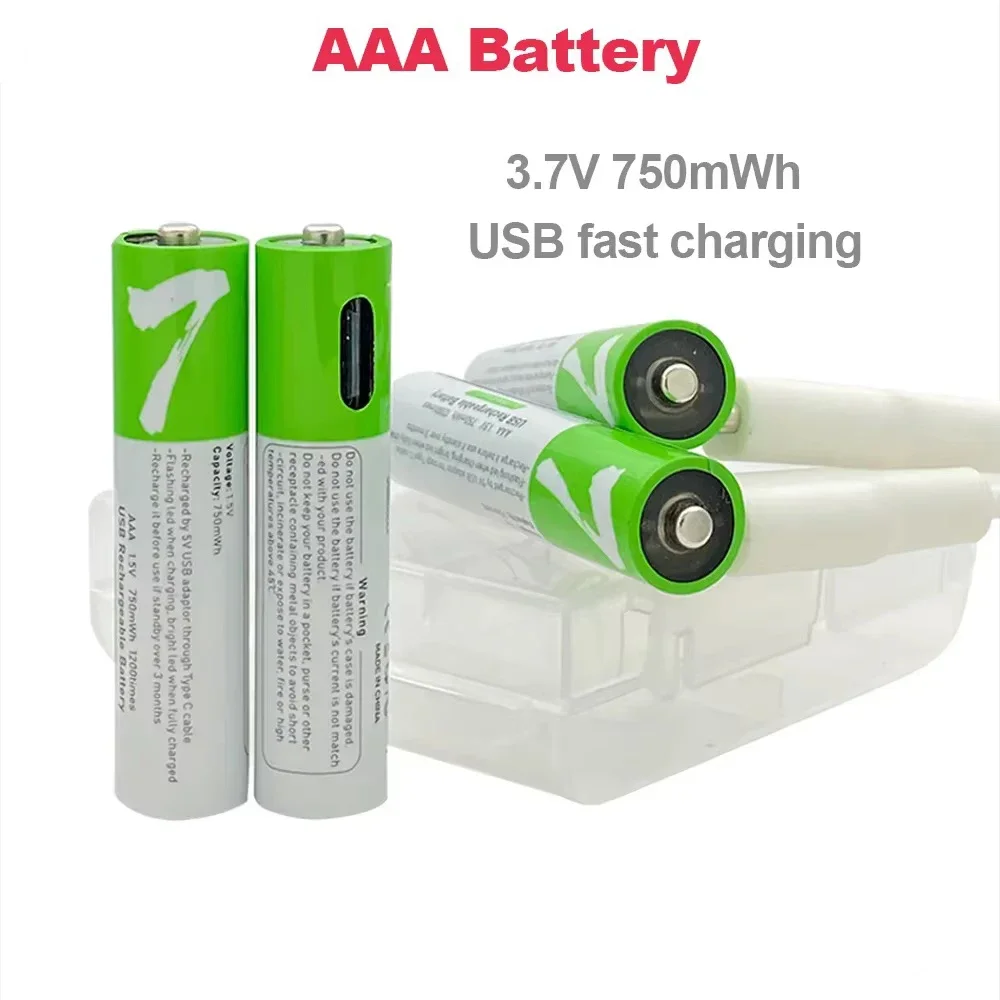 AAA  Remote Control Battery 1.5V 750mWh Rechargeable Lithium Battery Fast Charging for Flashlight, Alarm Clock+Type-C Cable MP3