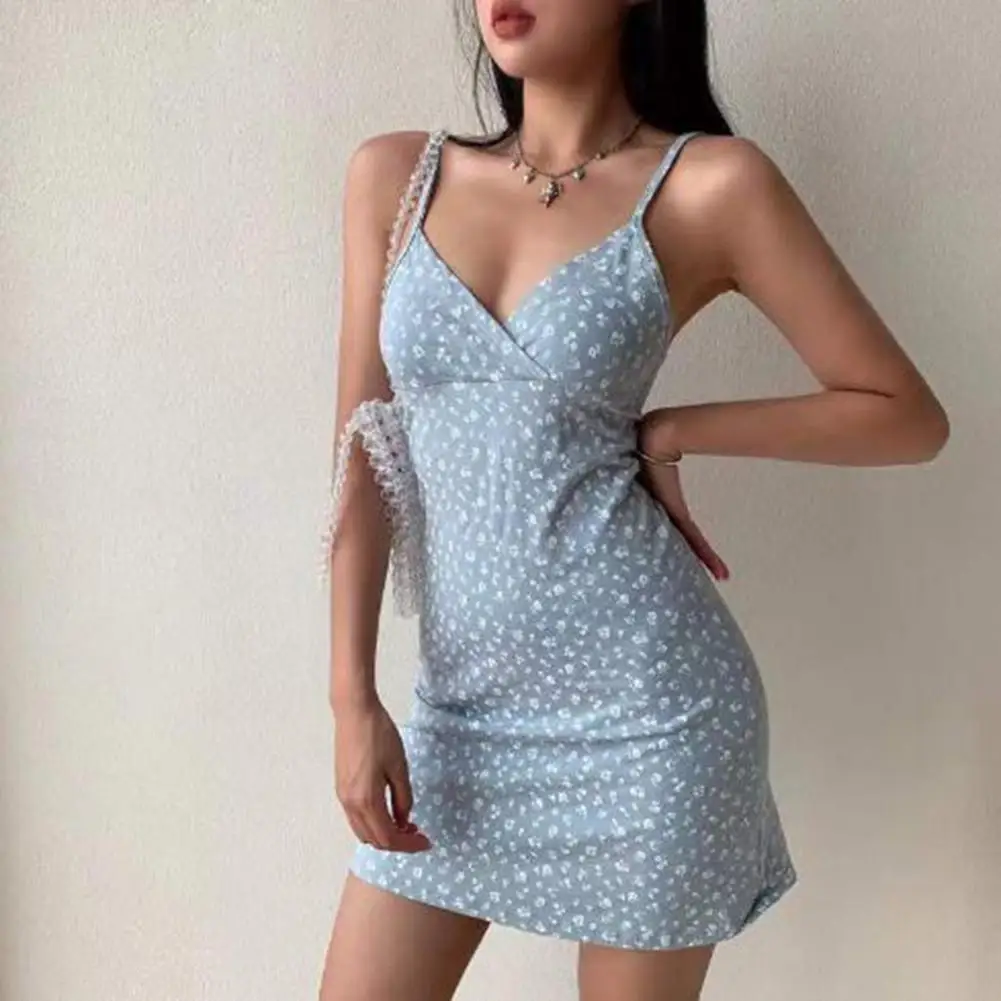 

Women Mini Dress V-neck Sleeveless Summer Mini Dress Sling Floral Print High Waist Backless Party Dress Women Dress Streetwear