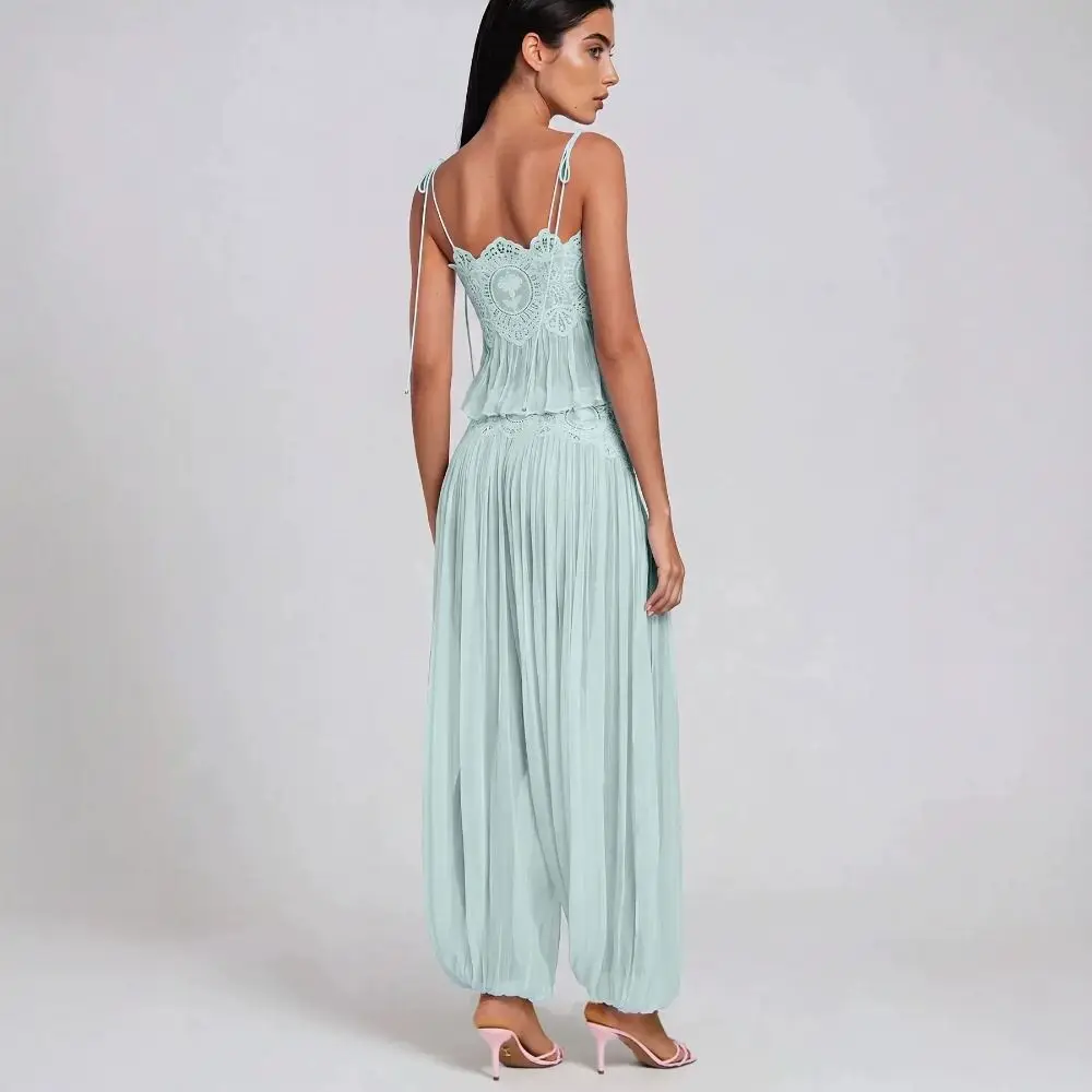 See Through Camisole Pants Sets Lace Trim Detail Wide Leg Pleated Lantern Pant Hollow Out High Waist Lace Pant Set For Women