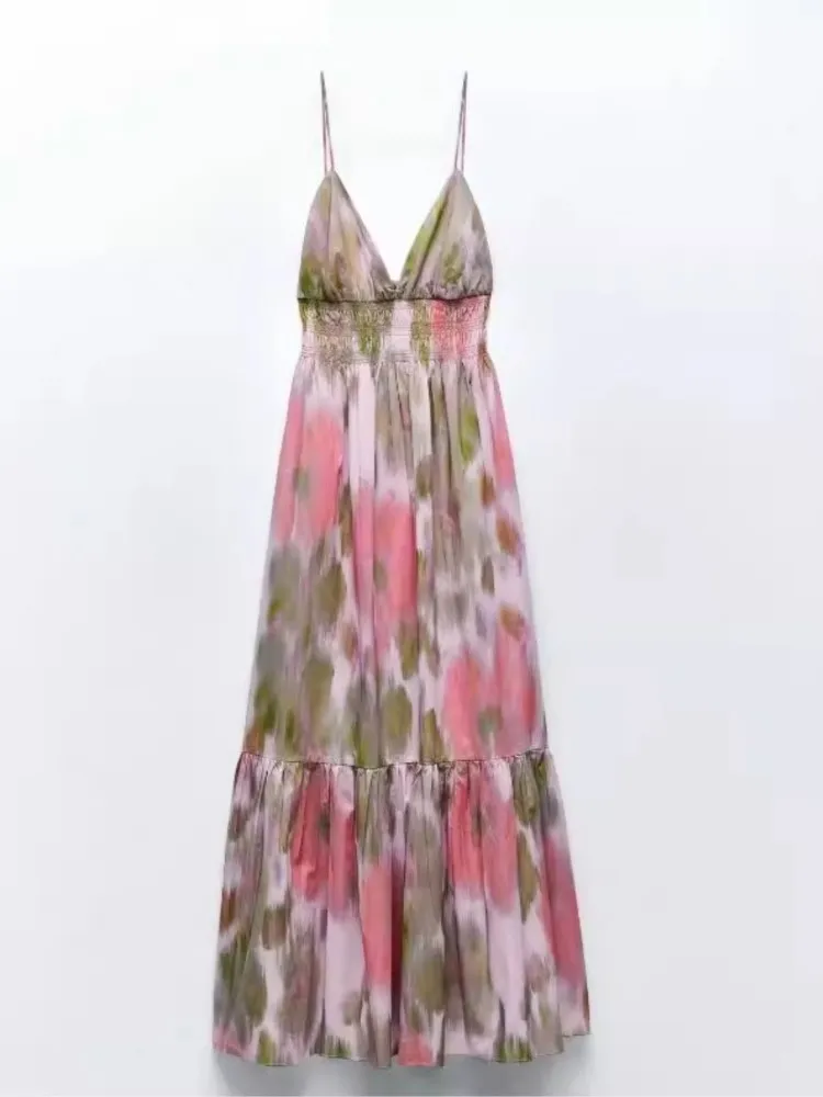 

Summer 2025 Printed Long Dresses Women Fashion Holiday Style Printed Deep Sleeveless Midi Dress V-neck Backless Lace-up Vestidos