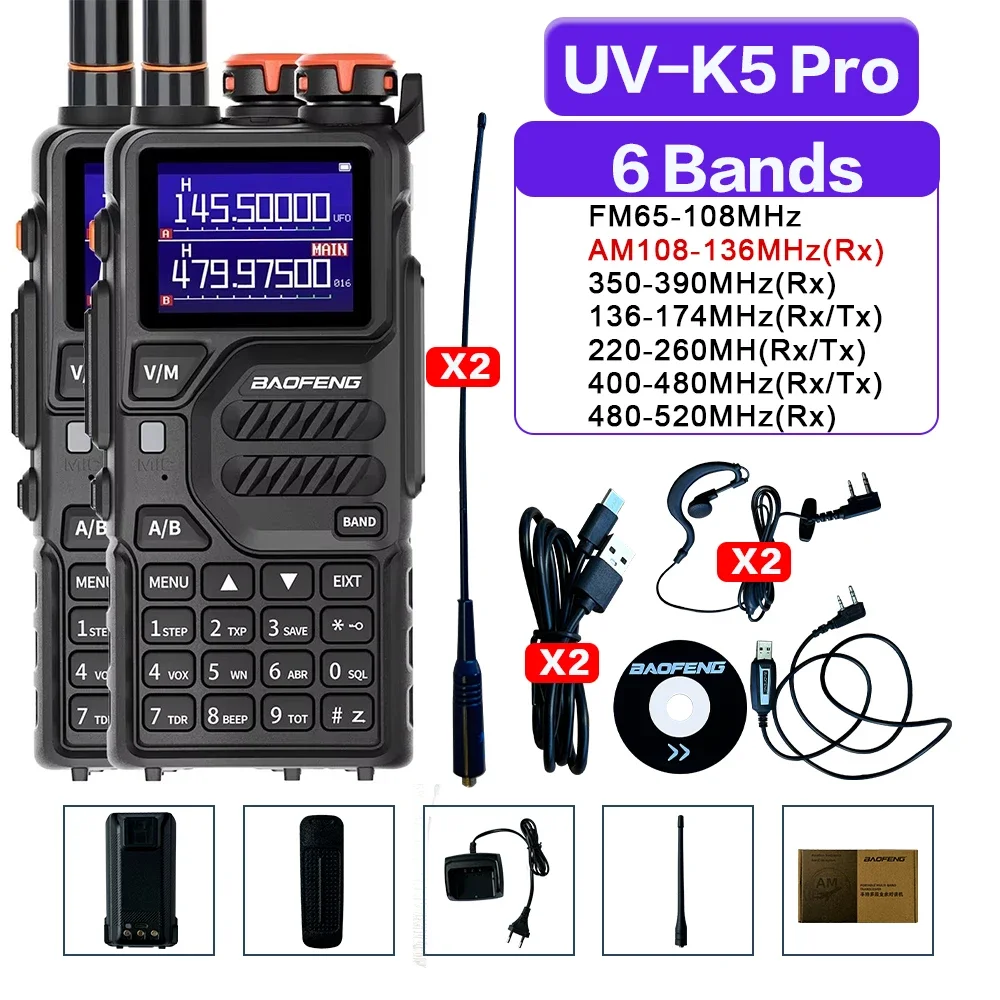 

Baofeng UV-K5 Pro Air Band Walkie Talkie 12 Вт Беспроводная частота копирования Type-C DTMF Двусторонний радиоприемник Ham дальнего действия