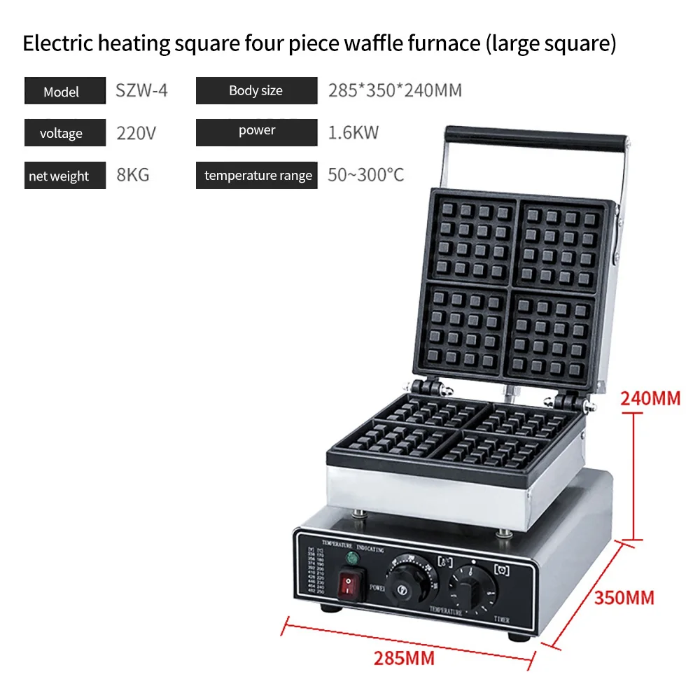 XEOLEO Commercial Waffle Maker 4PCS Square Shape Waffle Machine 1600W Waffle Iron Baker Non-Stick Coating Egg Bread Machine