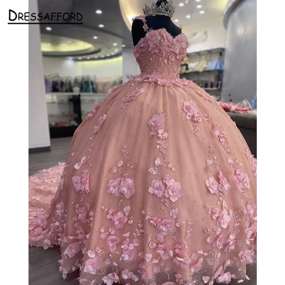 アップリケ付きのピンクのQuinceaneraドレス,花柄のアップリケが付いた柔らかい服,16個のリボン,2023