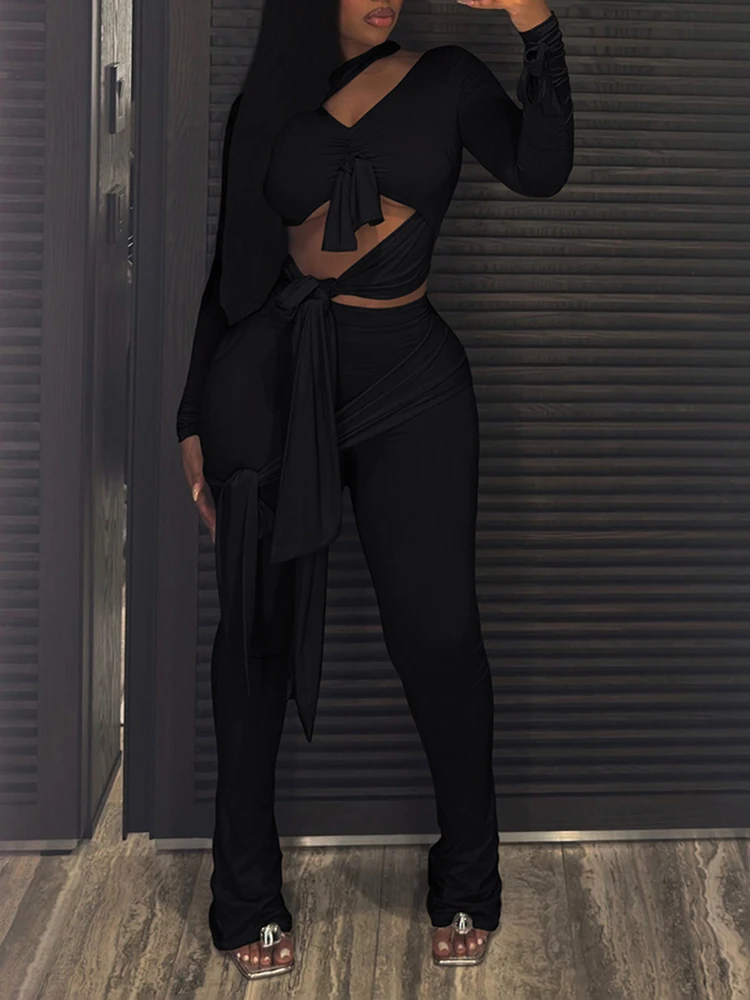 奇妙な猫柄イレギュラーノット2ピースセット レディース パッチワーク 長袖 ホロートップ+フレアパンツ セクシー タッセル ストレッチ クラブウェア オーバーオール