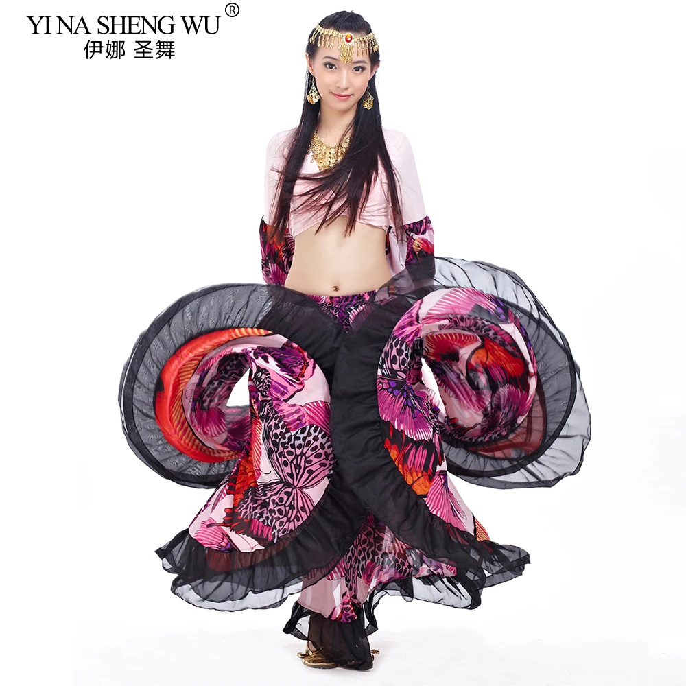 1pc 部族ベリーダンスパフォーマンスジプシースカート蝶全円フラメンコスカート女性ベリーダンススカートシフォン 360 度