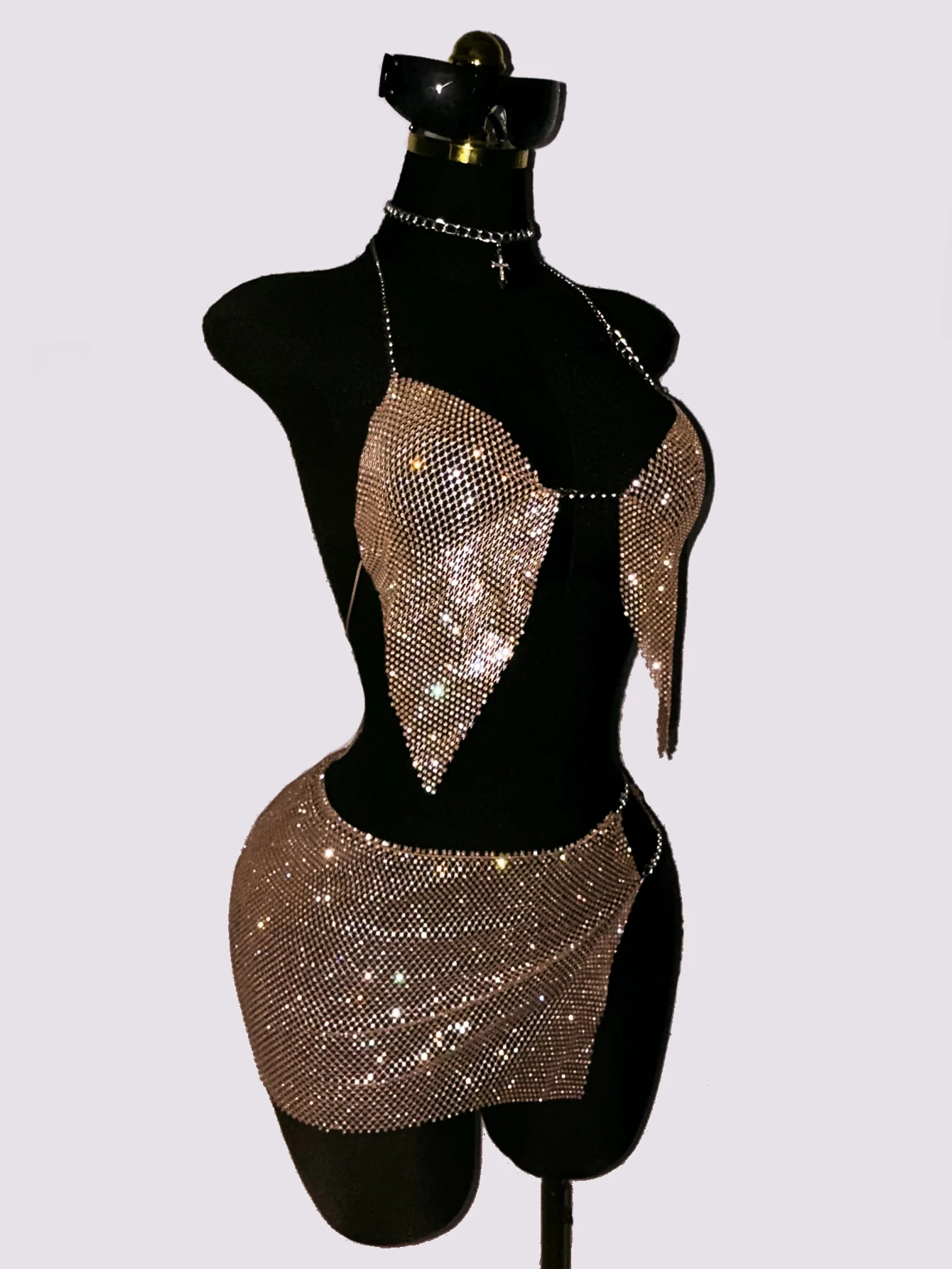 Women Camisole Skirt 2 Piece Set Shiny Rhinestone Backless Tank Top And Hollow Sheer Side Split Mini Skirt Rave Festival Outfit