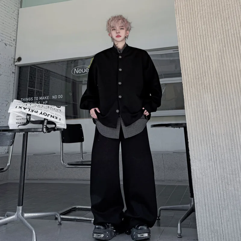 WVGA 2026 Spring New Men Tide Solid Color Stand Collar Fake Two-Piece Sweatshirt Niche Chic Casual Wide-Leg Pants Set Ins W18867