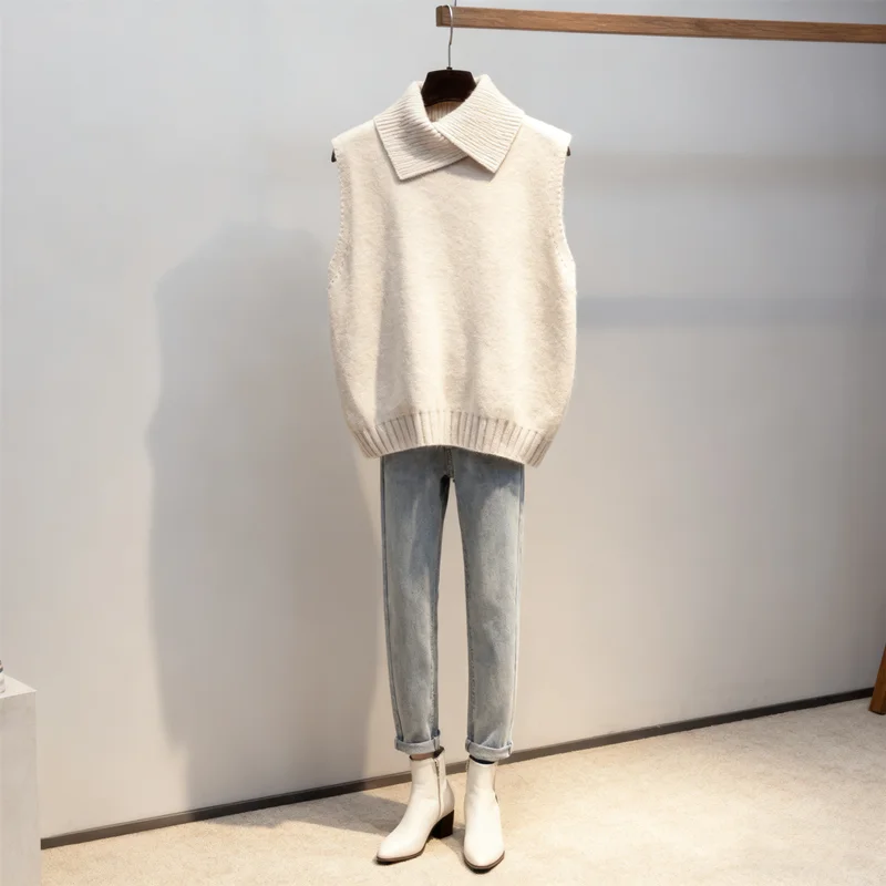 

1 шт. новый универсальный женский вязаный жилет, однотонный дизайн без рукавов с лацканами на осень-зиму, корейский повседневный многослойный жилет