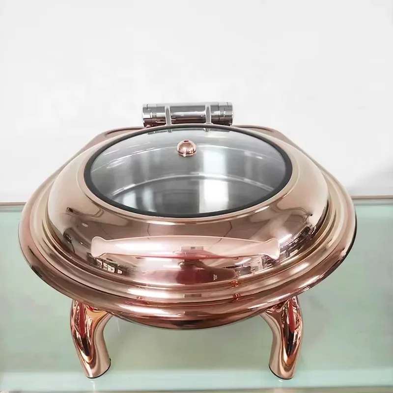 Restaurant Self-service Kiosk Perforated Inserts Round Chaffing Dishes with Glass Lid Rose Gold Plated Party City Chafing