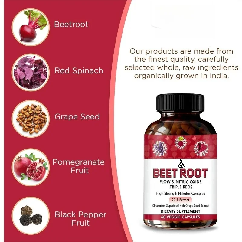 Beetroot Supplement 20:1 Extract Containing Pomegranate and Red Spinach Extracts, 60 Capsules