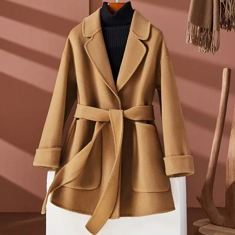 

New Autumn And winter Double-Sded Cashmere Woolen Coat Women Mid-Length Laced Up Pocket Wool Jacket Female Loose Overcoat B1432