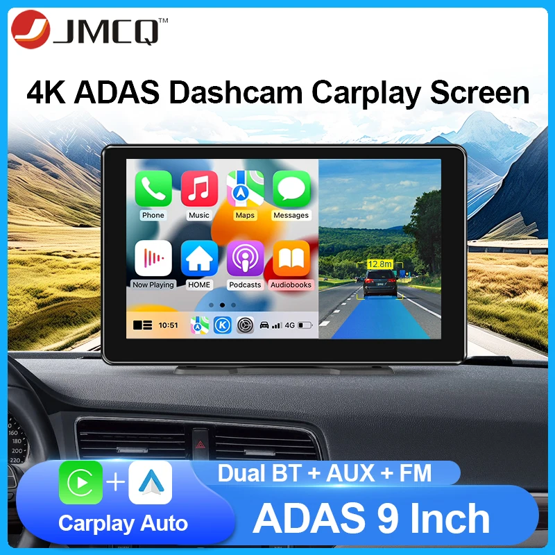 

JMCQ 9" 4K Wireless Carplay & Android Auto ADAS Dash Cam Car DVR WiFi GPS Navigation Rearview Camera Dashboard Video Recorder