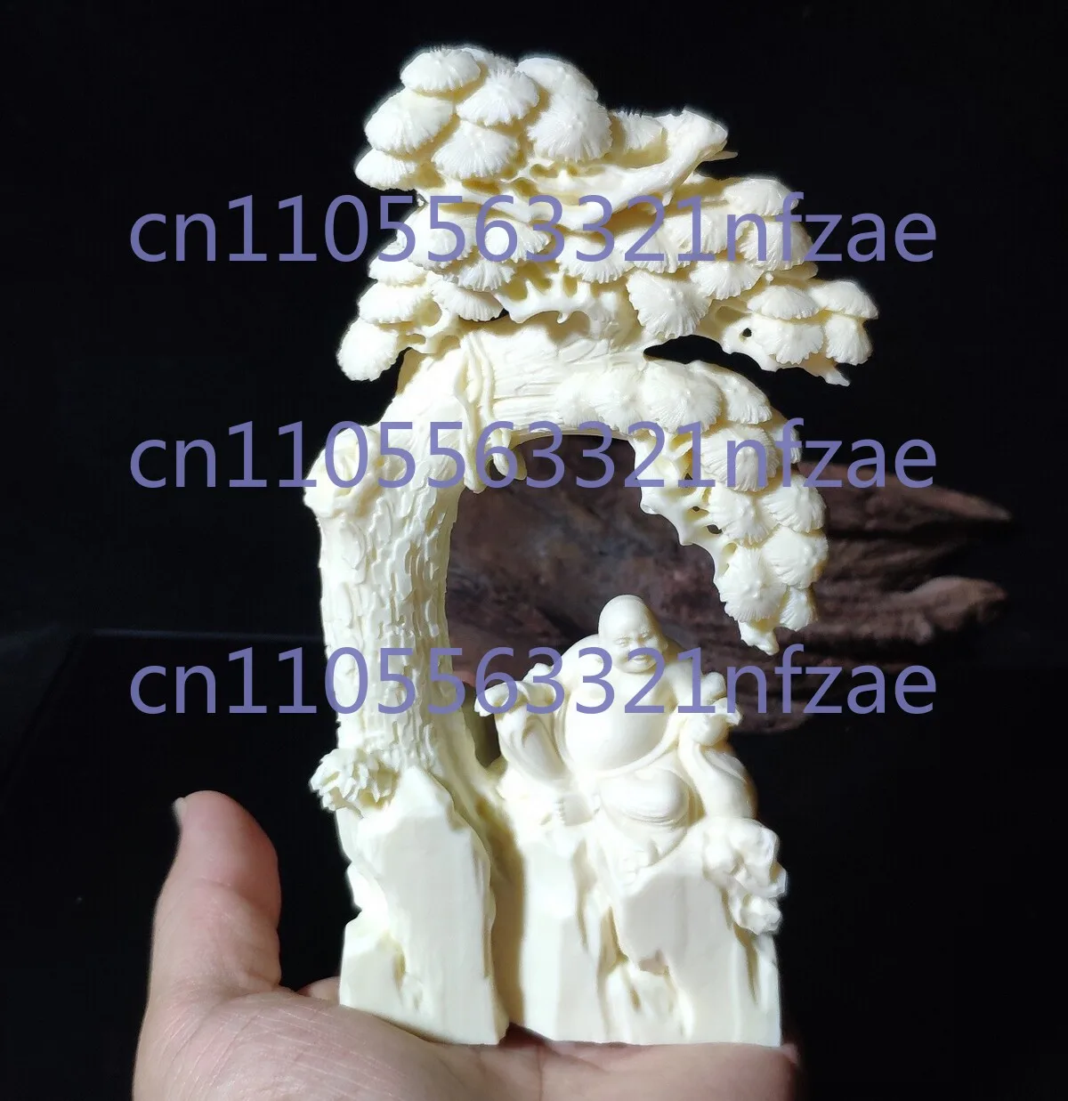 

China 6.6" Tagua Nut Laughing Maitreya Buddha Under Pine Tree Statue Feng Shui