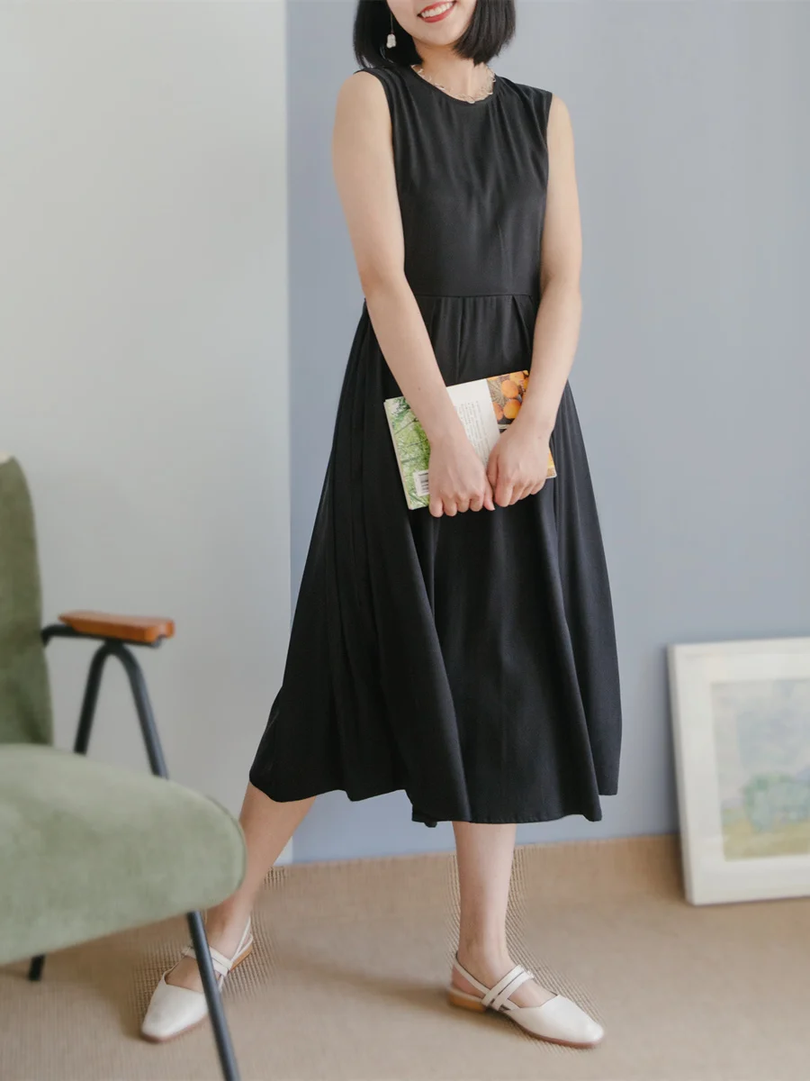 

Pastoral Clouds Yushan Diary Sand Washed Heavyweight Copper Ammonia Rayon Hepburn Style Small Black Dress Retro round Neck Ga...