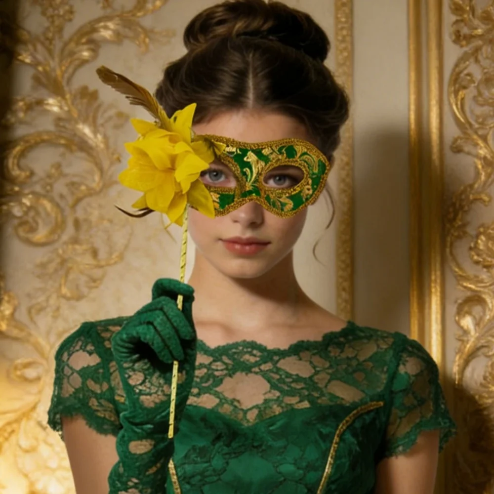 Handheld Gold Flower Mask Princess Half Face Mask Party Sexy Dress Wear Matching Mask Cosplay Props Accessories For Women