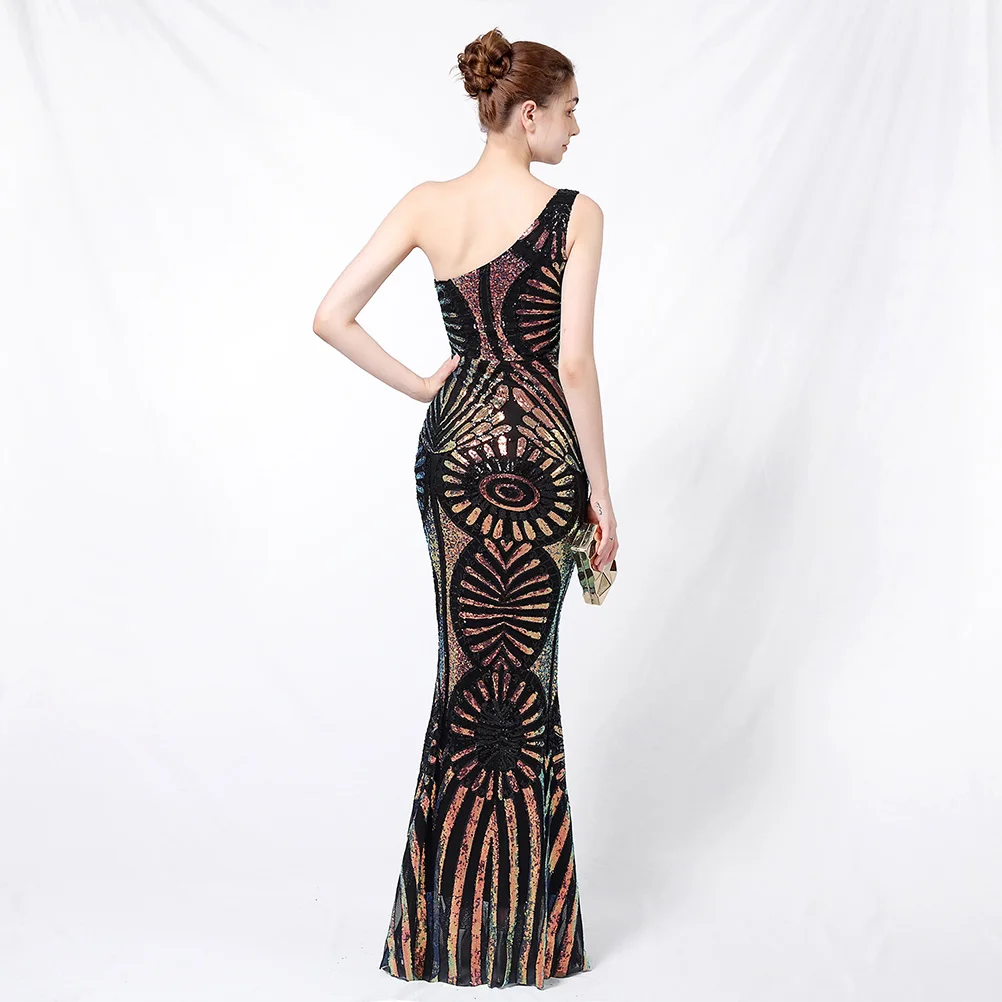 DEERVEADO Women's Mermaid One Shoulder Sequins Evening Dress Long Formal Dress for Special Occasions Prom Party Dresses