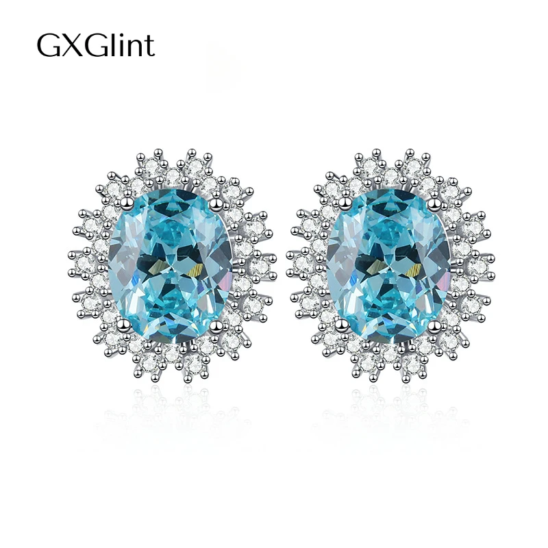 GXGlint 925 Sterling Silver 8*10 mm 4 Carats Radiant Cut Blue Topaz Stud Earrings Perfect Valentine's Day Gift for Women