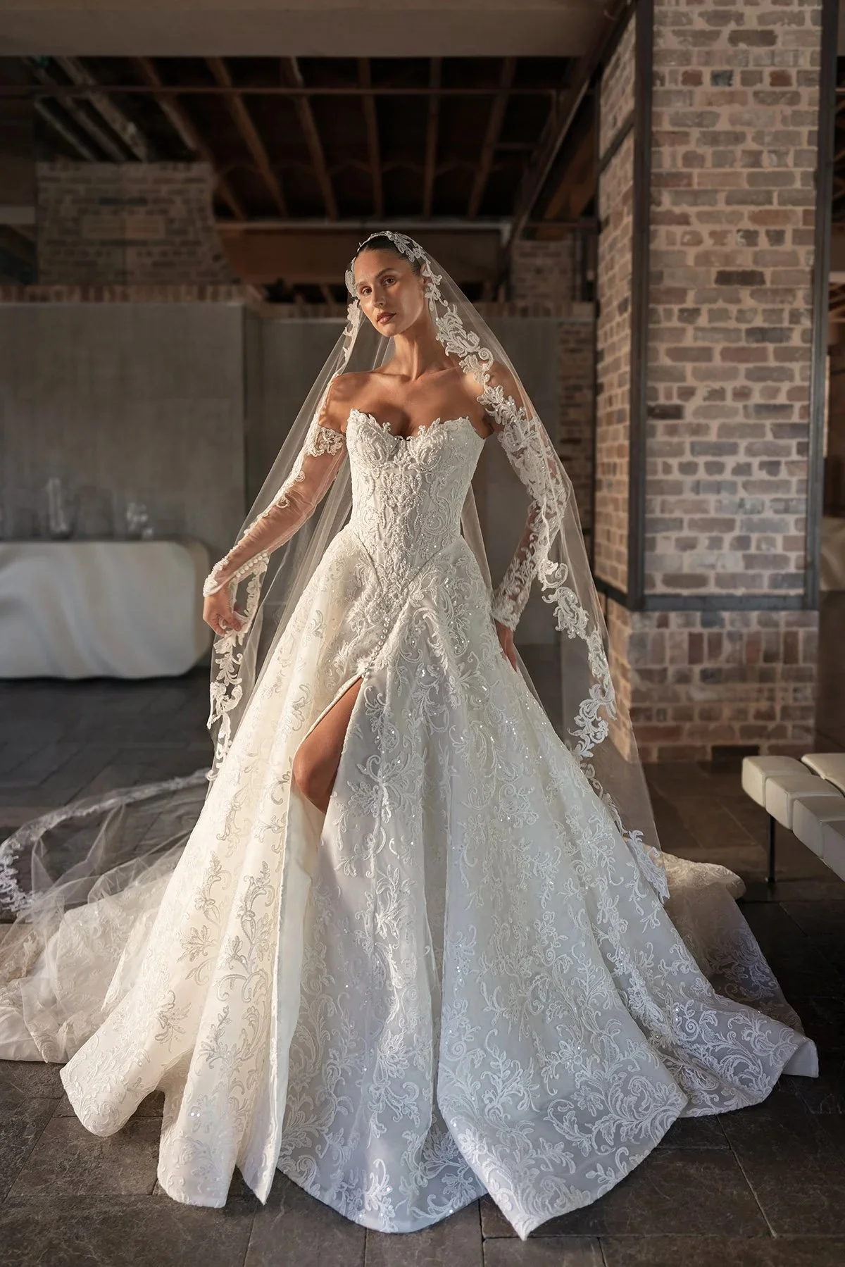 Luxury Wedding Dress Lace Vestidos Feminino Elegante Para Casamento Vestido De Novia Boda 2 En 1 Desmontable Manga Larga A Line