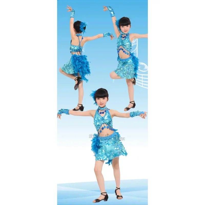 Trajes infantis para meninas e crianças, roupas de dança latina, trajes de penas de samba, vestidos de dança de salão, trajes de dança de lantejoulas m1