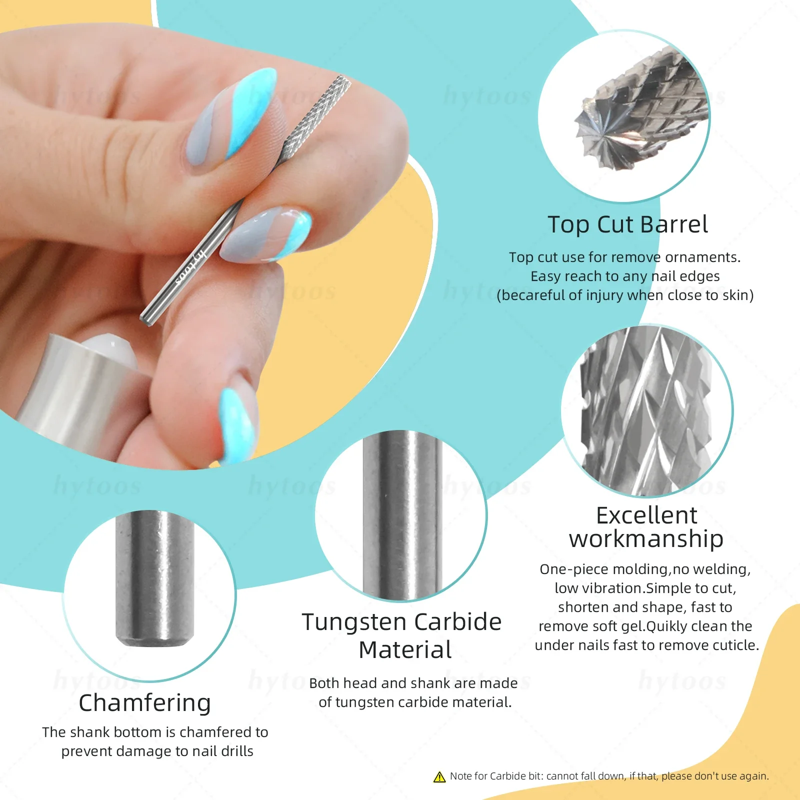 HYTOOS-Forets à ongles en carbure, coupe supérieure, mini baril, mèche à ongles propre, enlever les ornements, gel souple, accessoires de perceuse électrique
