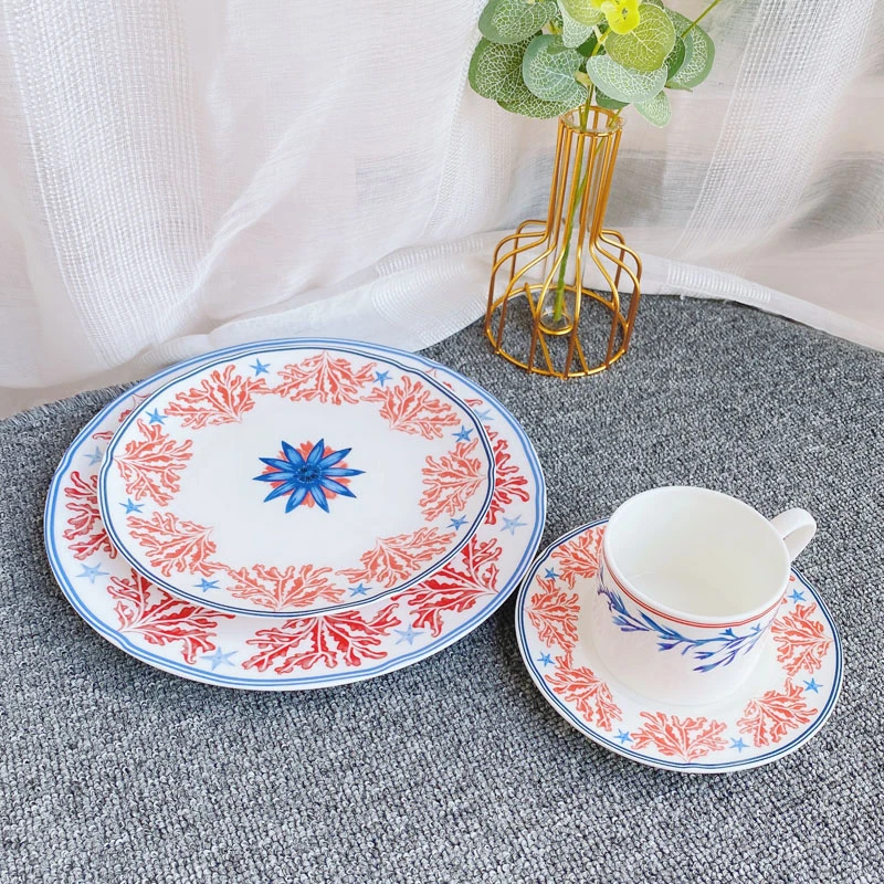 Red Coral Design Dinnerware Set, Flat Plate, Dinner Tray, Coffee Cup, European Style, Home Dining Plate, Salad, China, 10