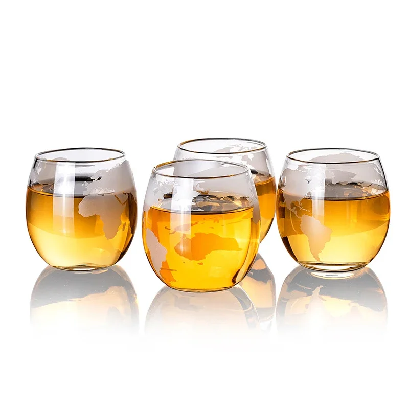 4 Pcs Set Round shaped map print Old Fashioned Cocktail Glass 300ML whiskey glass cup High Borosilicate Glass Tumbler Cup