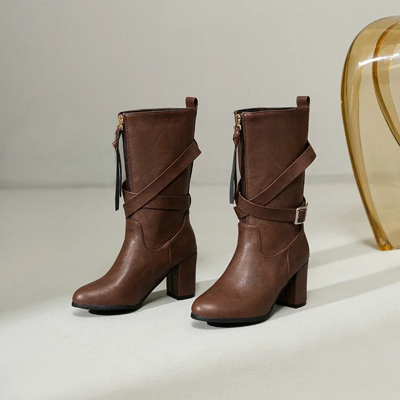 Bottes Western à Talons Hauts et Fermeture Éclair Avant pour Femme, Chaussures de Nuit Décontractées, Marron, Mi-Mollet, Ceinture de Structure, Grande Taille, 49, 50, 51, 52, Hiver