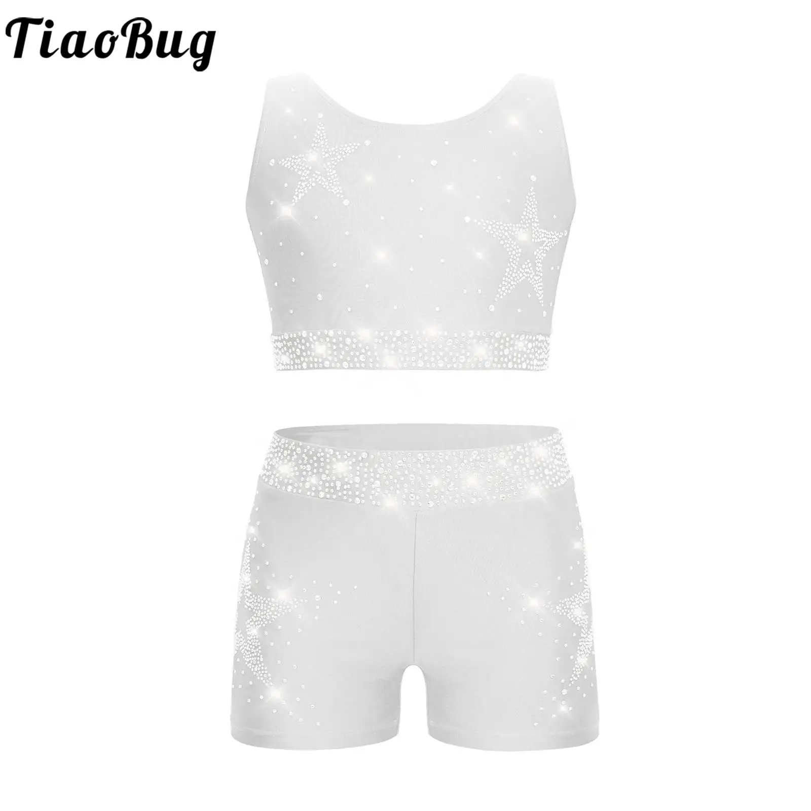 

Kids Girls Ballet Dance Gymnastics Costume Figure Skating Yoga Performance Dancewear Shiny Rhinestones Crop Top with Shorts Set