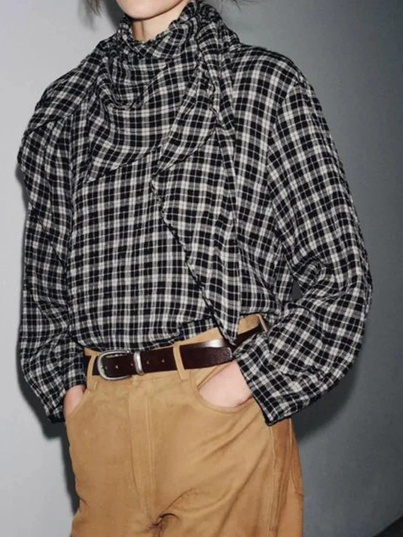 

European and American style Amazon temperament plaid printed casual strap design multifunctional top