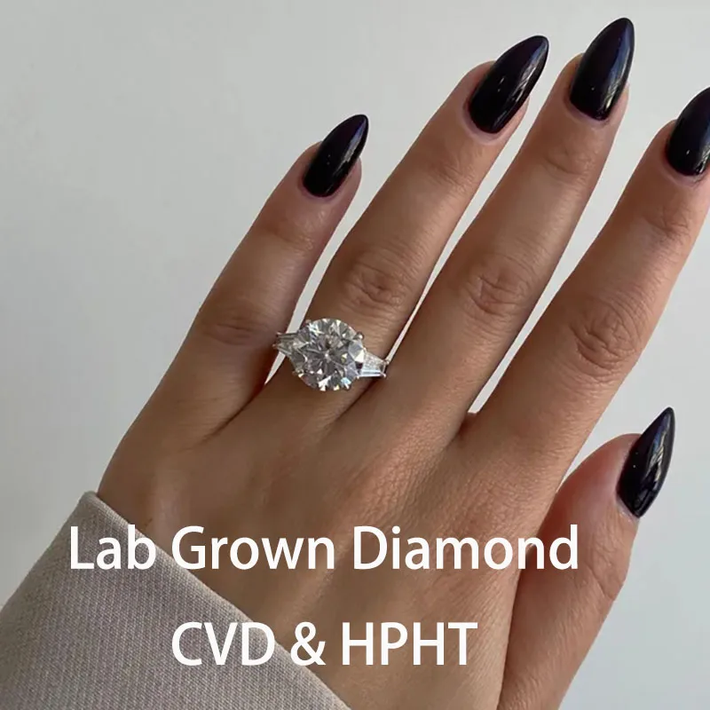 8.00 Ctw Round Three Stone Lab Grown Round Cut Engagement Ring Luxurious 18K 14K Gold  Three Stone Ring Round & Tapered Baguette