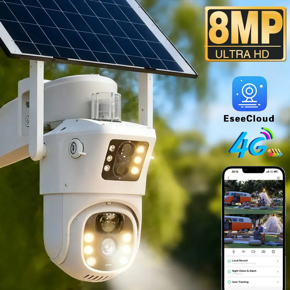 Telecamera di sicurezza IP PTZ WiFi solare 4K 8MP Monitoraggio automatico Telecamera di sorveglianza CCTV wireless per visione notturna a colori con doppia lente esterna